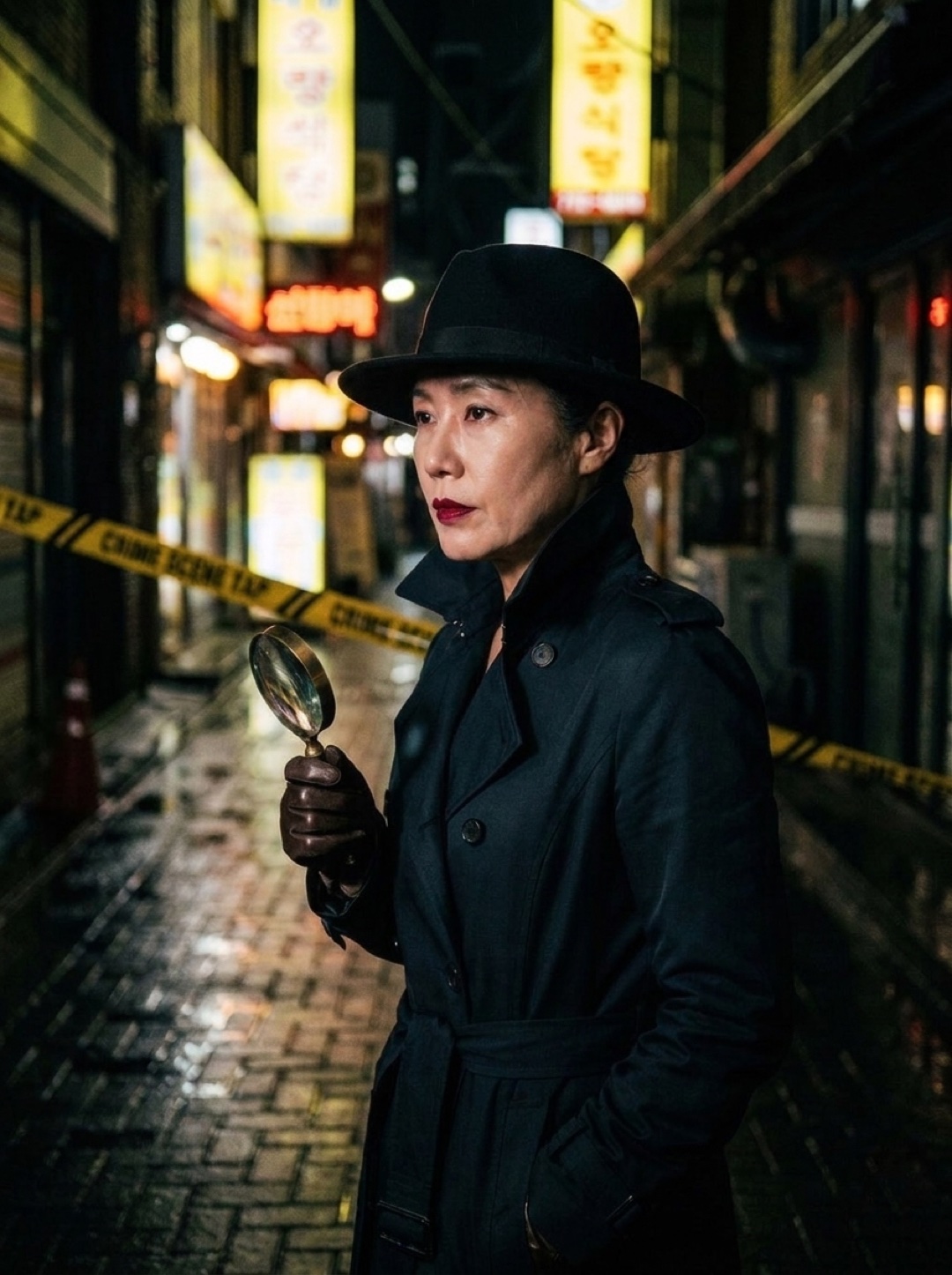 검은 어둠 속, 불빛에 얼굴만 드러난 사주탐정