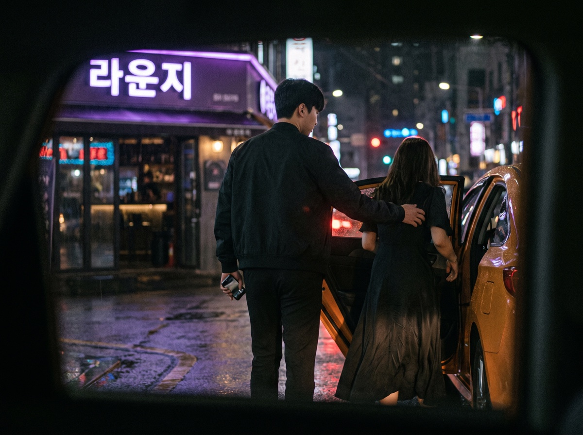 밤 골목 입구에서 미행을 확인하듯 반쯤 뒤돌아선 남자의 뒷모습